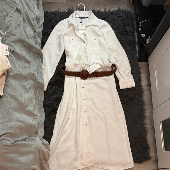 Zara White Long Sleeve Button-Front Shirt Dress with Brown Woven Belt - Picture 6 of 7